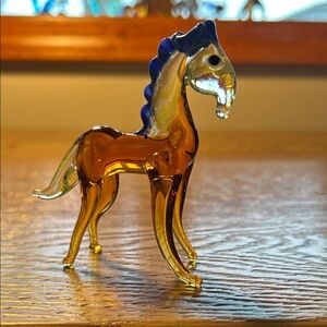 Vintage Glass Horse Figurine Amber Blue Mane Hand Blown Mid Century 1970s